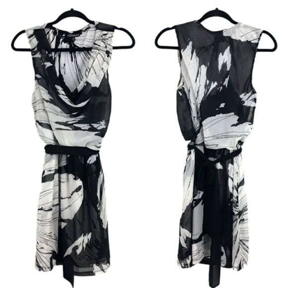 Express Chiffon Cowl Sleeveless Belted Knee Dress Color Blocked Floral Blk Sz M - Picture 1 of 11